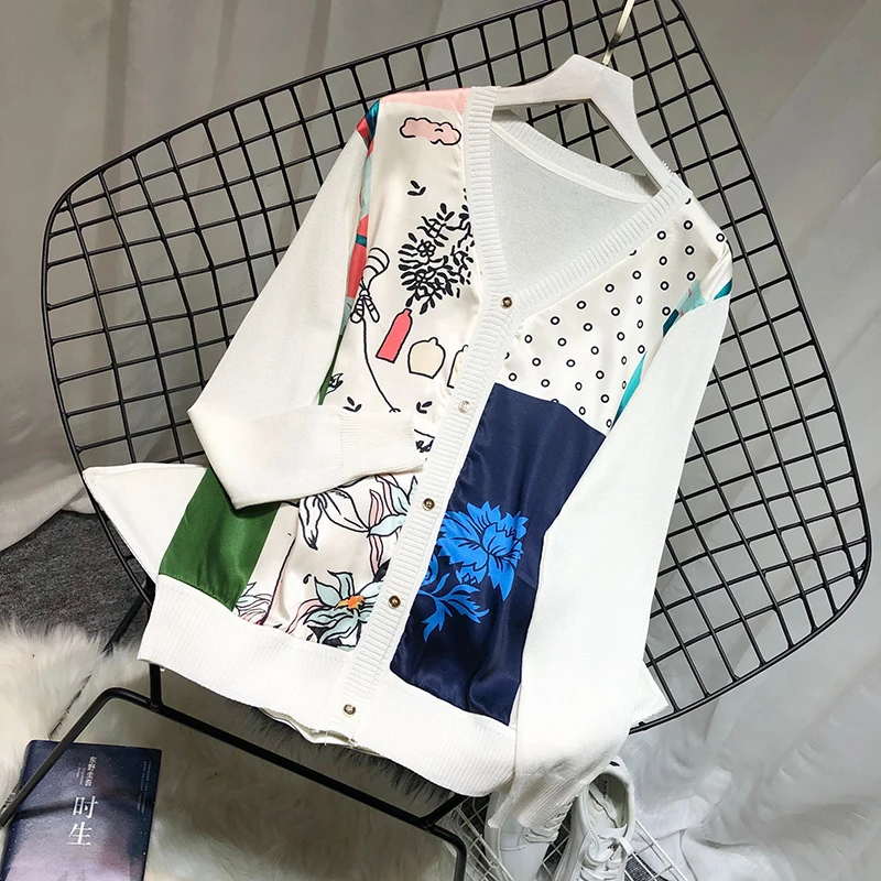 ALPHALMODA Европейский с v-образным вырезом атласный свитер с принтом пэчворк вязаный искусственный однобортный пуловер осенний модный топ с длинными рукавами