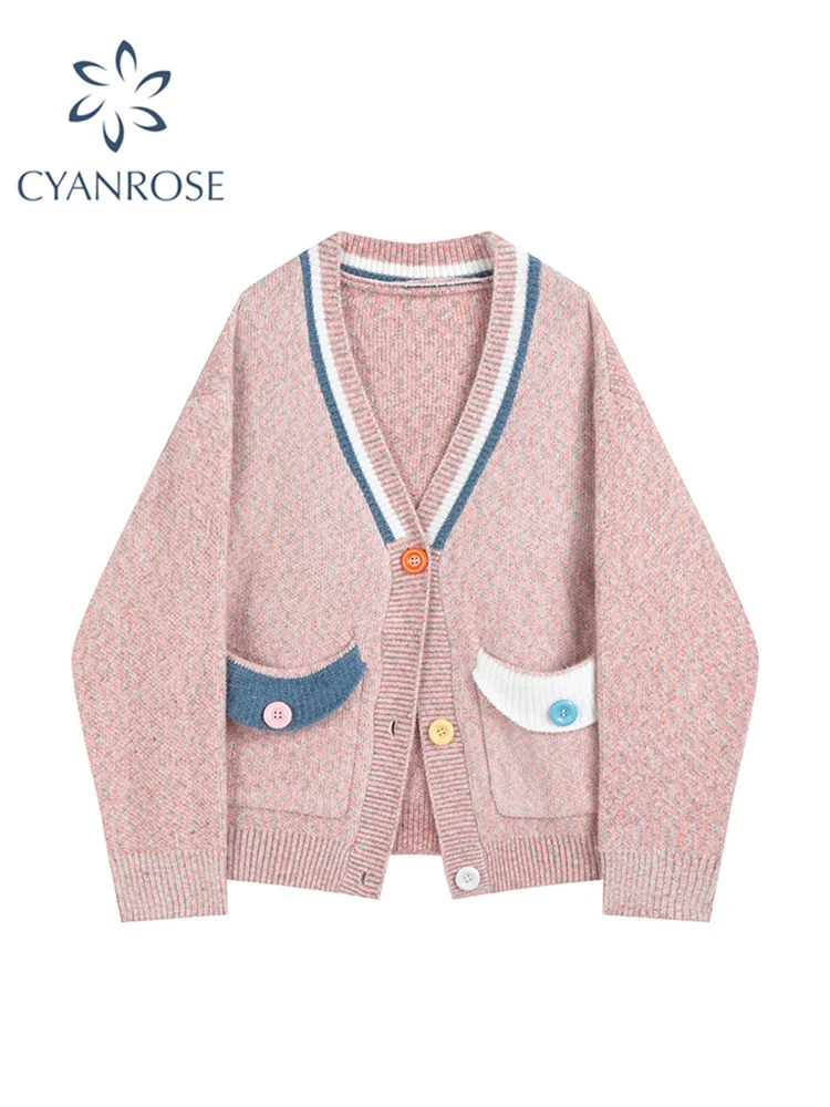 Женский вязаный кардиган с V-образным вырезом и длинным рукавом |