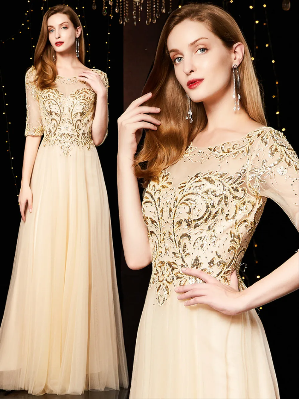 Золотое вечернее платье с вышивкой и блестками кружевное ТРАПЕЦИЕВИДНОЕ