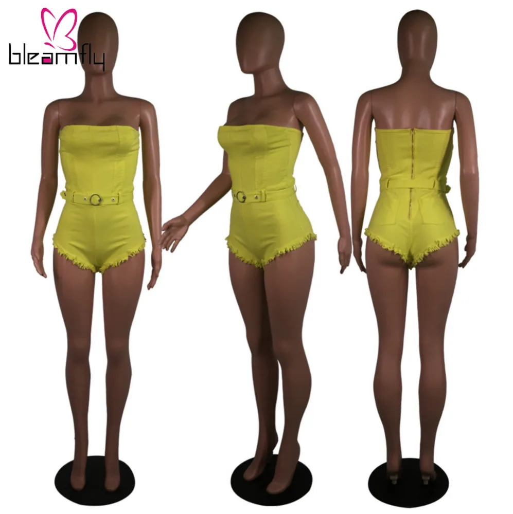 Женский Летний комбинезон без бретелек с высокой талией облегающий джинсовый