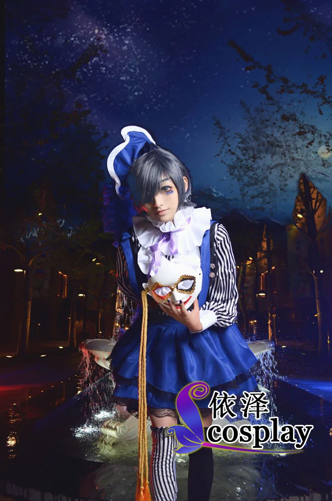 Комплект косплея Черный Дворецкий: костюм Циэля Фантомхайва из цирка, синий комбинезон + рубашка + жилет + шорты + шляпа + галстук.