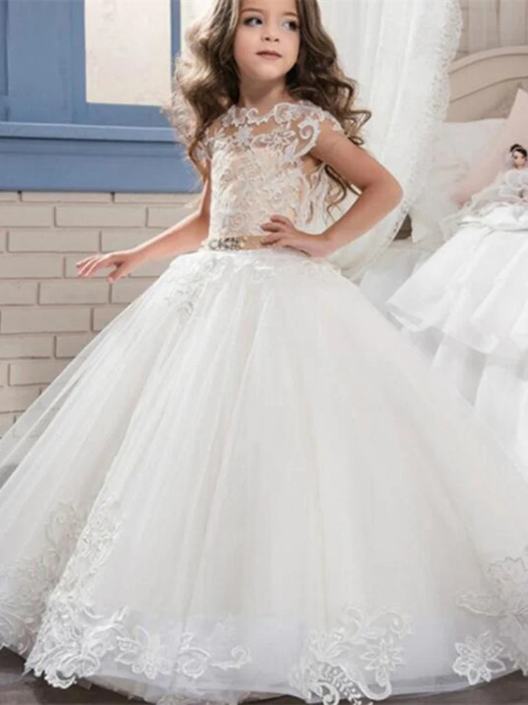 

Layers Prom Dresses Tulle Scoop Satin Sashes Girl Wedding Dresses Little Bride Dress New Year