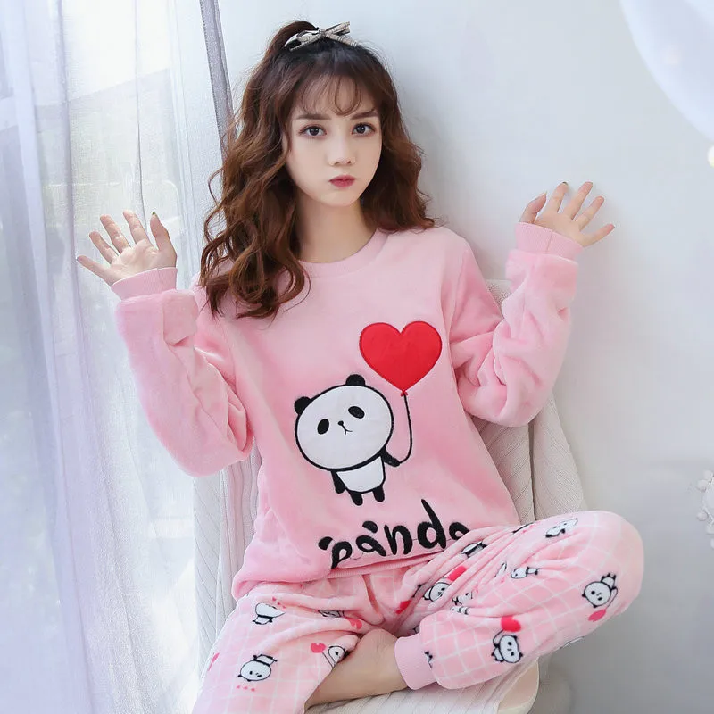 Cartoon Panda Pajamas Lady 2020 Winter Love Coral Fleece Thicken Plus Flannel Home Wear Set Cute | Женская одежда
