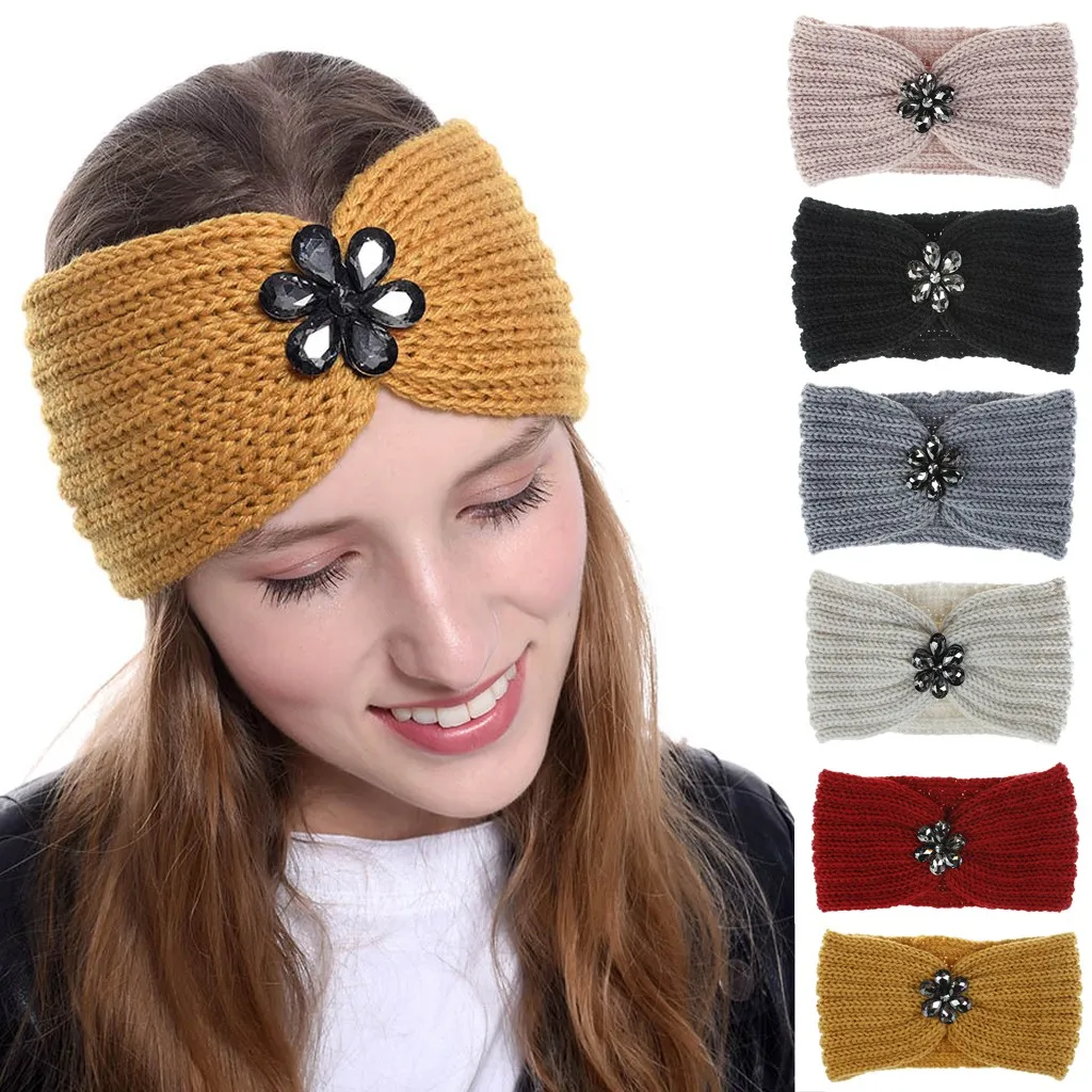 2019 женские повязки на голову зимние плетеные с цветком из кристаллов аксессуары