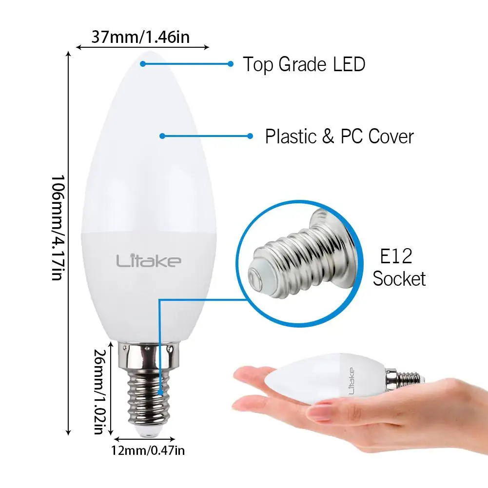 

SOLLED E12 Base LED Light Bulb, Candelabra Light Bulbs Non-dimmable Warm White, 2700K, 60 Watt Equivalent(6W)