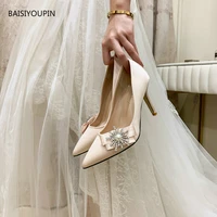 plus size weeding women shoes high quality solid pointed toe 7cm9cm high heels satin party shoes ladies pumps female shoes34 43