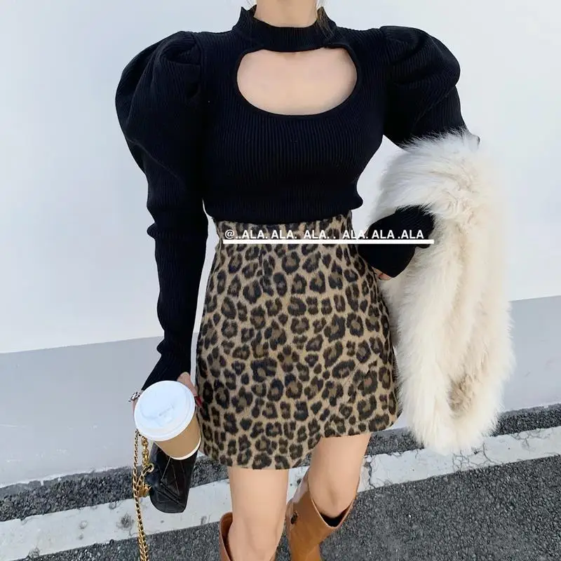 

Autumn Winter Korean Turtleneck Pullover Tops Women's Hollow Out Slim Knitwear Vintage Puff Long Sleeve Knitted Bottom Sweater