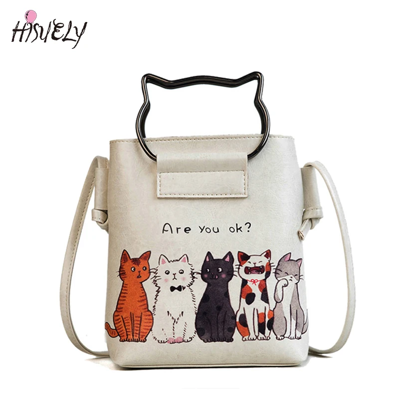 

Новые модные женские сумки HISUELY из искусственной кожи с мультяшным принтом кошки, женские сумки-мессенджеры, конфетные сумки через плечо дл...
