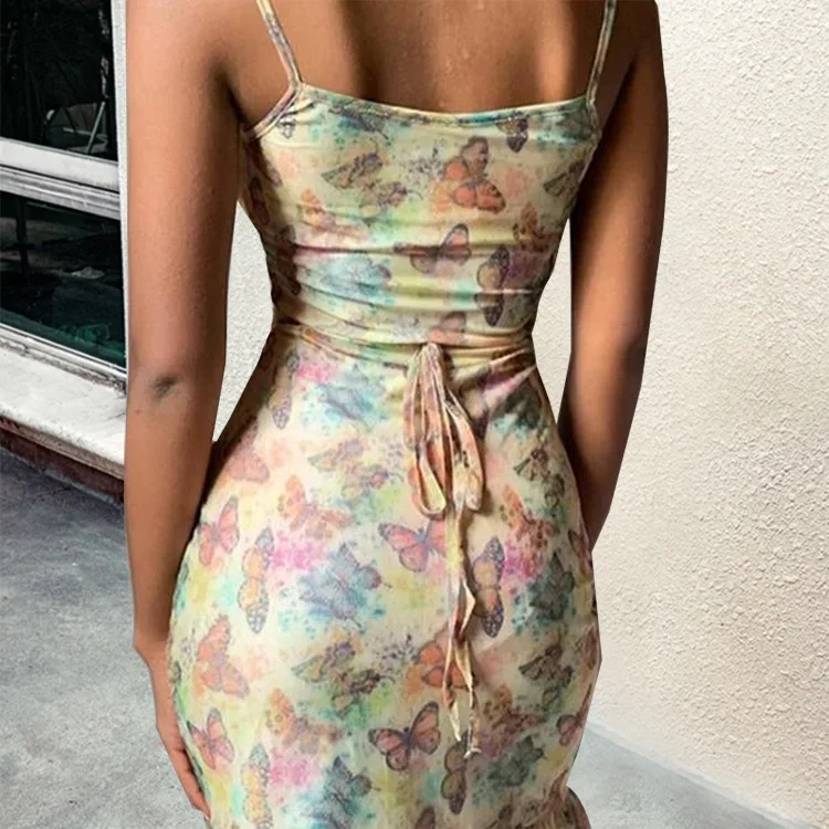 

2021 summer new style European and American sling sexy butterfly print bandage ruffled waist dress