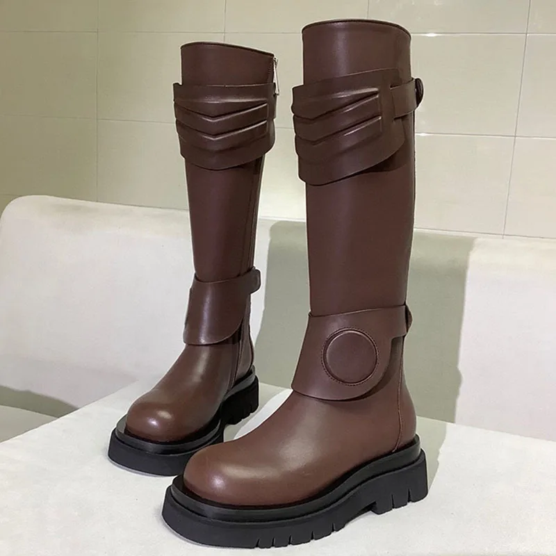 

Brown Real Leather Knee Boots Women Round Toe Chic Decor High Heel Botas De Mujer Cool Knight Boots