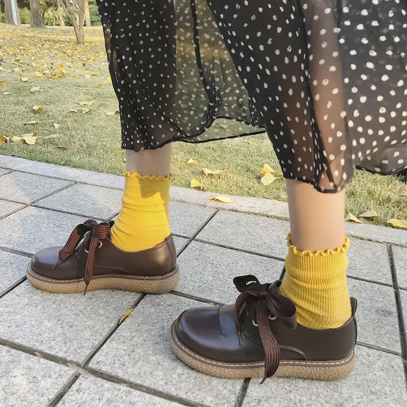 

Falt Women Autumn And Winter 2019 New Japanese Style Small Leather Shoes Women Students Flat Sole Round Head Lace Up Shoes