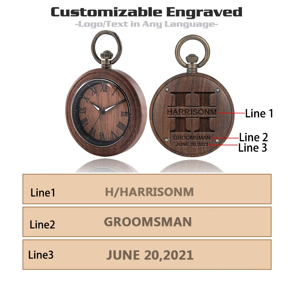 

Customizable Engraved Rustic Wooden Wedding Series Quartz Pocket Watches Gifts for Groomsmen Memerals Wooden Antique Clock