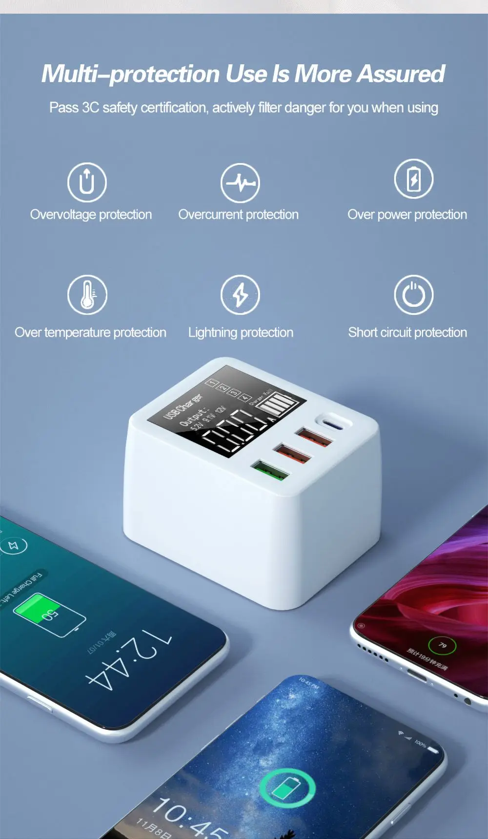 

QC3.0 fast charging real-time display New flash charging for iPhone 12 wall-mounted travel mobile phone adapter