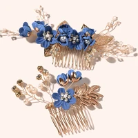 luxury crystal crown wedding leaves tiara flower hair pin hair combs bridal clips blue white
