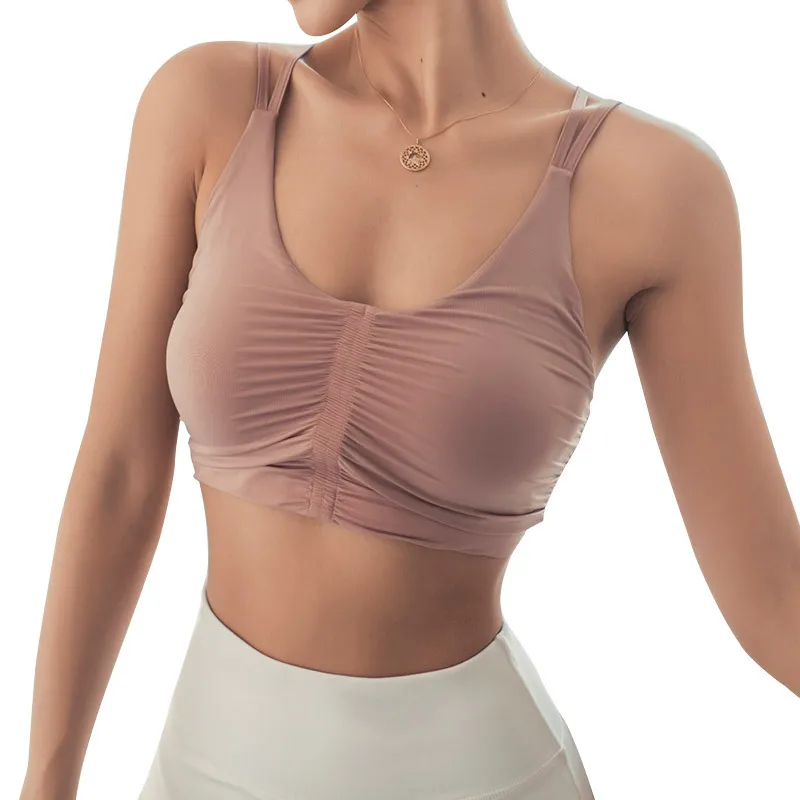 

R&W Women Folds Design Hip Up Gather Beauty Sports Fitness Training Bras Vest Style Tops Yoga Running Bra Sleeveless Cross Back