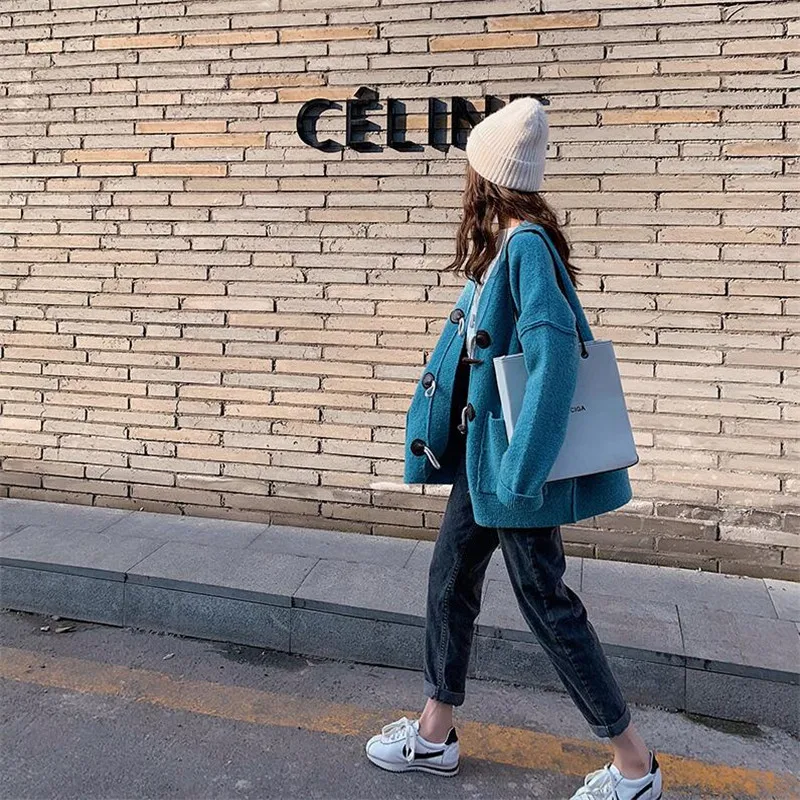 Sweater Cardigan Women's Loose Solid Color Long Sleeve Horn Buckle Spring and Autumn 2019 New Knitted Woolen Jacket Top |