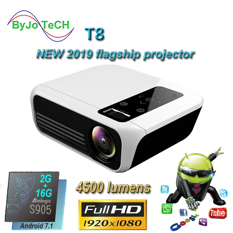 Проектор LED ByJoTeCH T8 с яркостью 4500 люмен, разрешением 1920x1080, поддержкой домашнего кинотеатра, 3D и полного HD 1080P, на базе Amlogic S905, сравнимый с T6.