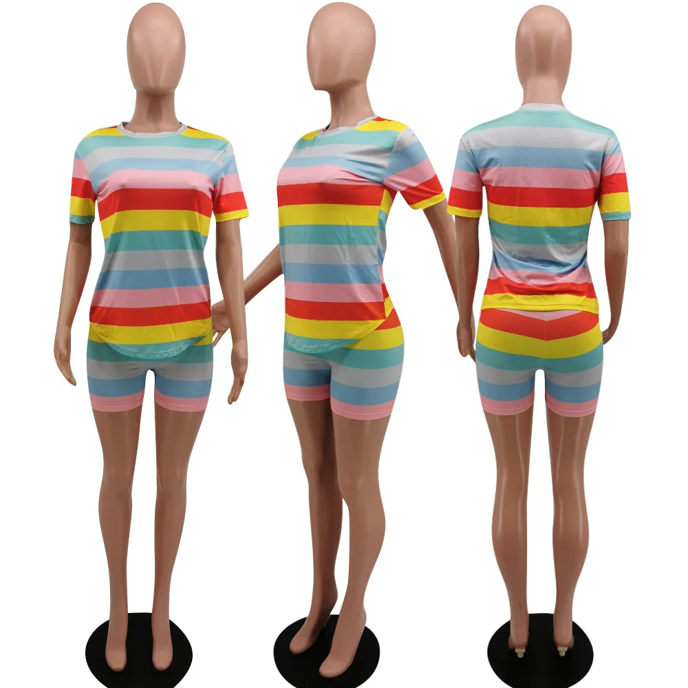 

New Women Short Set Two Piece Summer 2020 Runway Fashion Rainbow Striped Casual Sport 2 Piece Tracksuit Oufits Clothing Set