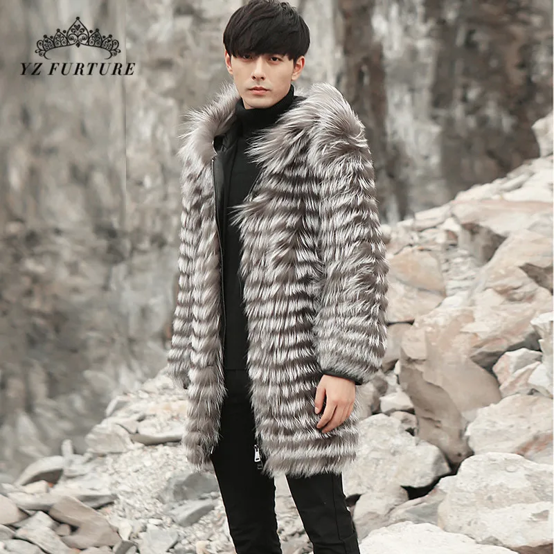 Новая зимняя мужская шуба из натурального Лисьего меха с капюшоном модная