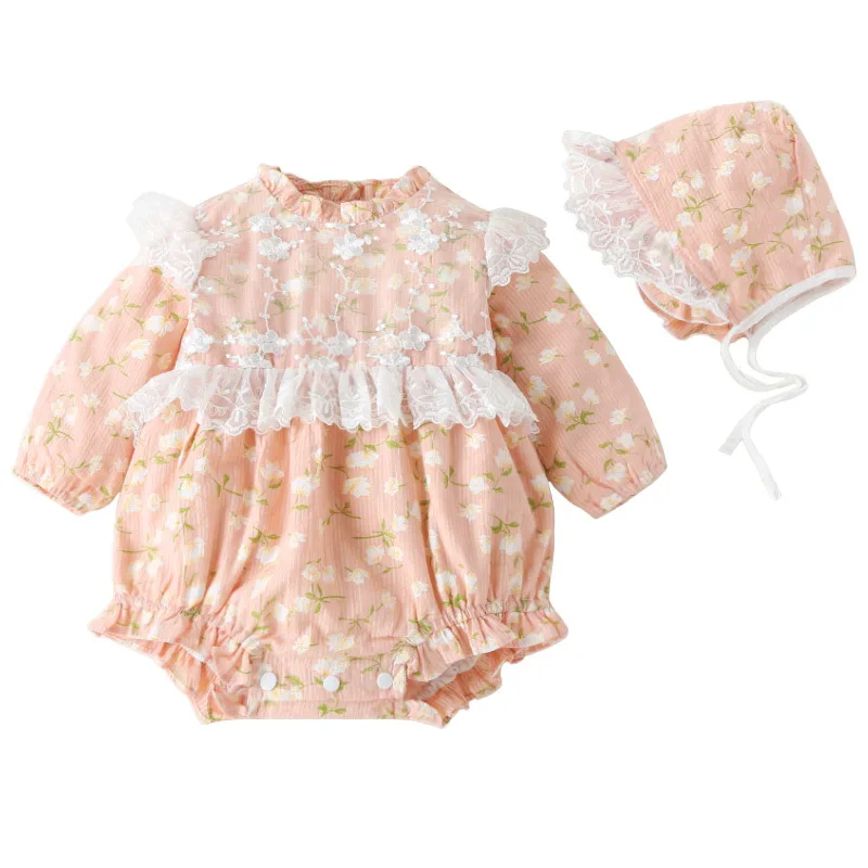 

Korean Baby Girls Floral Romper with Lace Hat 2021 New Children Boutique Cotton Jumpsuit Twins Sister Rompers Infant Clothes