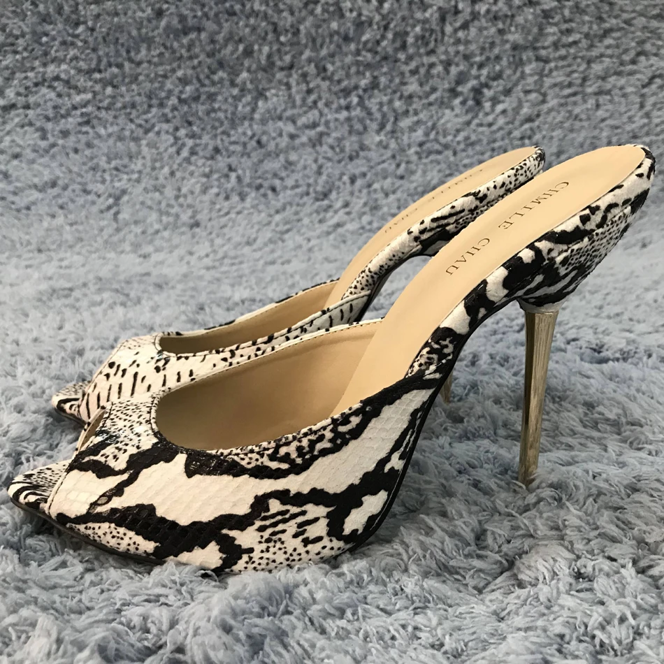 

Women Stiletto Thin Iron High Heel Sandals Sexy Peep Toe Black and White Snakeskin Party Bridals Ball Evening Lady Shoe 3845-FA9