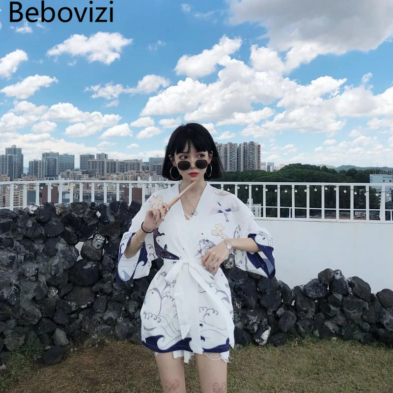 Кимоно Bebovizi женское с принтом рыбы традиционный кардиган в стиле Харадзюку юката