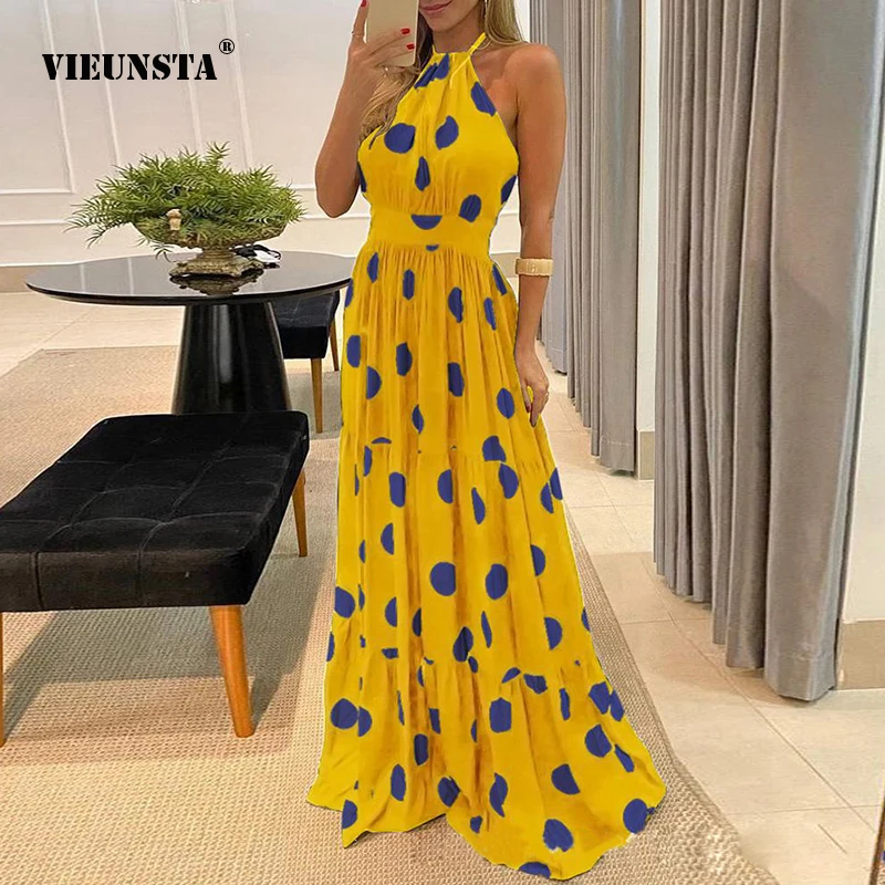 

Elegant Wave Point Printed Summer Dress Female Sexy Off Shoulder Halter Dress 2021 Spring New Fashion Party Maxi Dresses Vestido