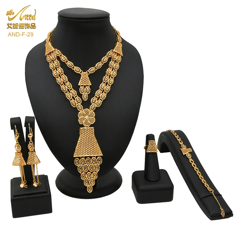 

Dubai Jewelry Set Woman Necklaces 24K Gold Color Ethiopian Wedding Collection African Luxury Bridal Earrings And Cuff Bracelets