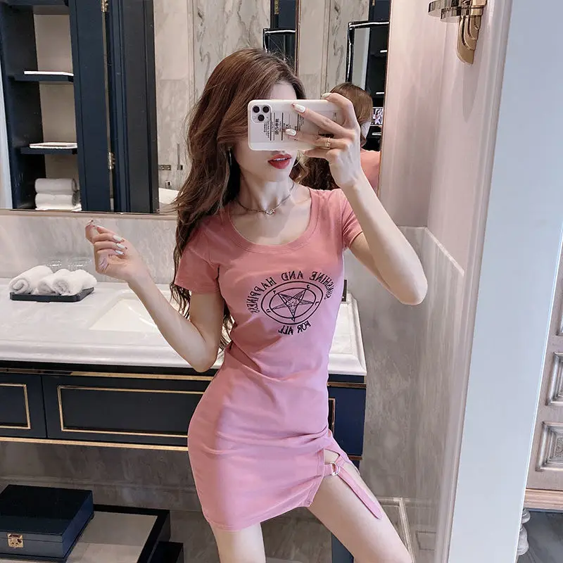 

2021 new summer dress slim slim sexy temperament waist round neck irregular hip skirt