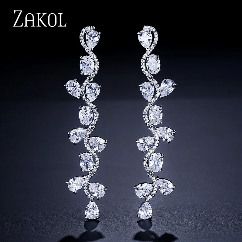 White ZAKOL модные стильные длинные висячие серьги в виде листьев высшего качества с кубическим цирконием для невест, свадебные и обручальные ювелирные изделия FSEP632 - Окраска металла: White