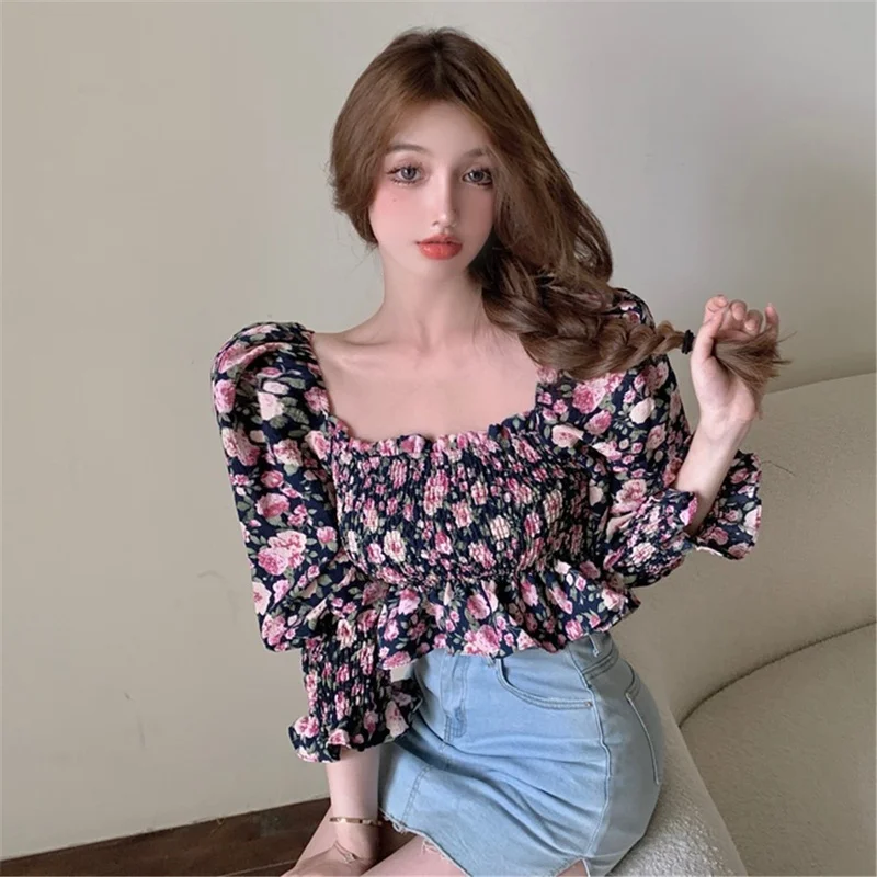 

ZAWAHIKI Elegant Fashion Print Floral Women Blouse Summer Vintage Square Collar Puff Sleeve Folds Slim Bodycon Tops Short Blusas