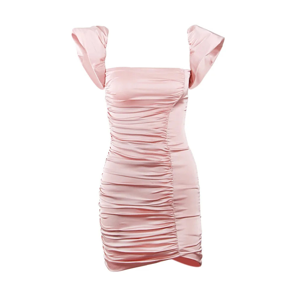 

Donsignet Fashion Puff Sleeve Slash Neck Irregular Pleated Dress Solid Color Women's Tight Buttocks Sexy Dress Vestido Feminino
