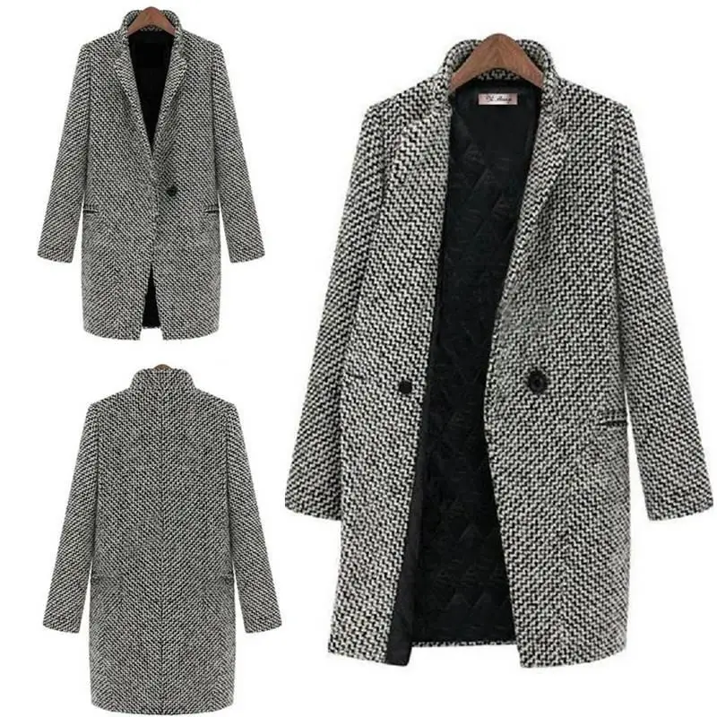

Women Houndstooth Woolen Overcoat Lapel Buttoned Casual Cardigan Coat Winter Warm Long Outwear