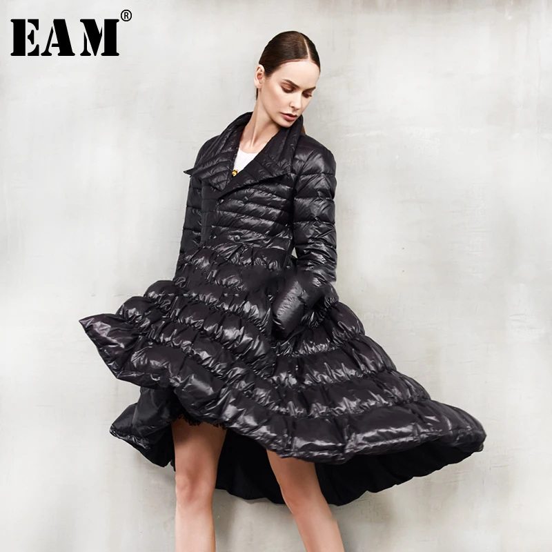 [EAM] Loose Fit Big Hem Asymmetrical Down Jacket New Lapel Neck Long Sleeve Warm Women Parkas Fashion Autumn Winter 1A407