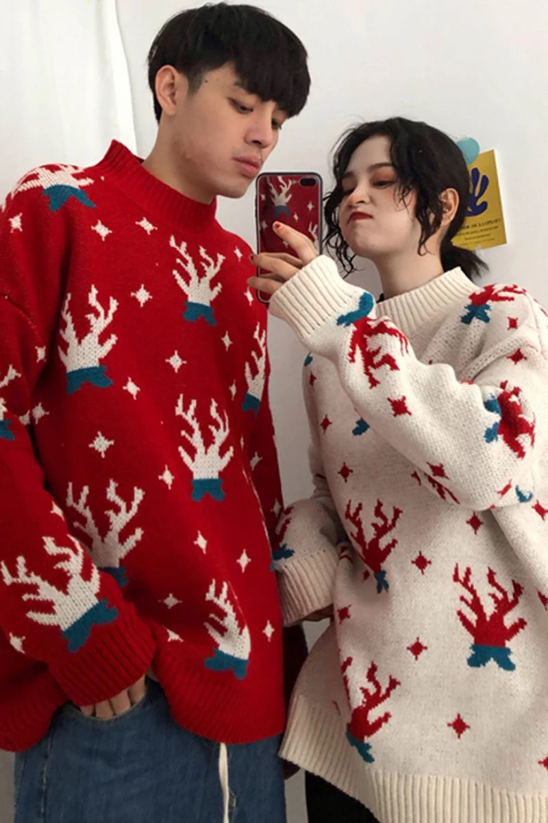 

Pullovers Women Christmas Sweater Elk Snow Printed Womens Lucky Top Pullover Loose Couple Clothes Jumper Knitted Trendy Leisure