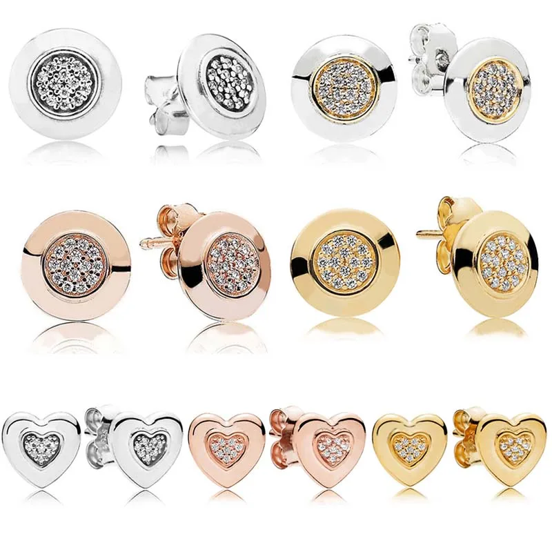 

Женские серьги с кристаллами, серьги из стерлингового серебра 925 пробы в форме розового сковороды, золотистые, двухцветные, с фирменным серд...