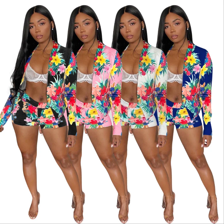 

Multicolor Floral Printing Women Sexy Two Piece Sets 2021 Summer New Arrivals V-neck Suit Coats High Waist Mini Shorts Outfits