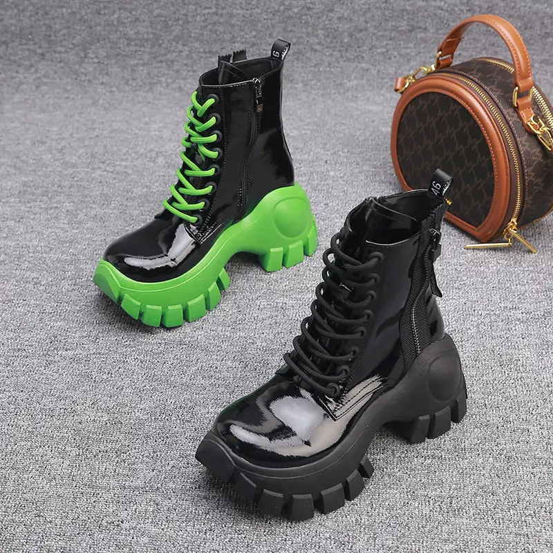

European Station Patent Leather Platform Platform Wedge with Lace-up Contrast Martin Boots Motorcycle Boots Women's Short Boots