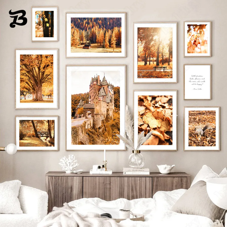 Картина на холсте осенний пейзаж кленовый лист сосна Тыква лес замок белка