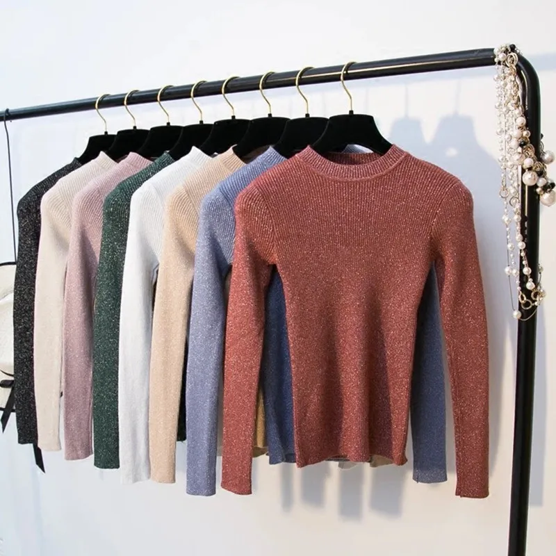 

Shiny Lurex Autumn Winter Sweater Women Long Sleeve Pullover Women Basic Sweaters Women 2019 Korean Style Knit Tops Femme
