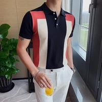playera polo hombre summer mens short sleeved casual knitted polo shirt hit color british slim lapel ice silk breathable polo