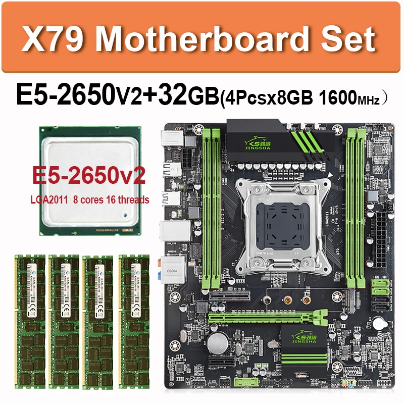 Verkaufen X79 Motherboard Set Mit LGA2011 Combos Xeon E5 2650 V2 CPU 4 Stücke X 8GB = 32GB Speicher DDR3 RAM 1600Mhz PC3 Vier Kanäle SATA 3,0