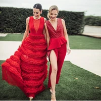 red jumpsuit prom dresses v neck sequine top outfit cocktail party gown ruffles waist ankle length special occasion wear