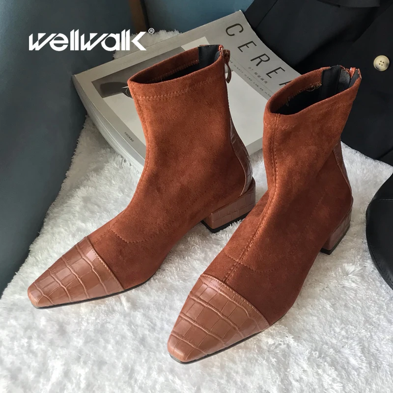 Ботильоны под платье Женская зимняя обувь из крокодиловой кожи и флока Ботинки с