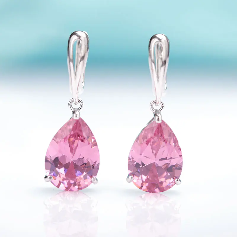 silver pink MAIKALE New Water Drop Gradient Blue Long Earrings Women Fashion Rose Gold Fine Jewelry Tourmaline Zircon Glass Dangle Earrings - Окраска металла: silver pink