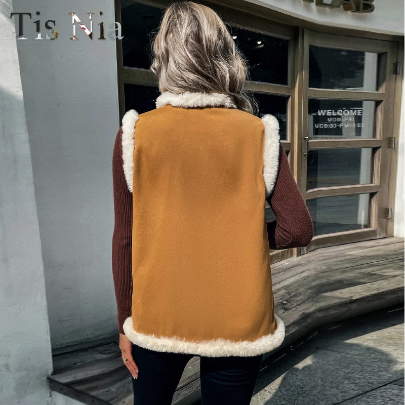 Women's Vest 2021 Winter Casual Ladies Loose Rabbit Fur Jacket Solid Color Vest Warm Coat Jacket XL Camel Sleeveless