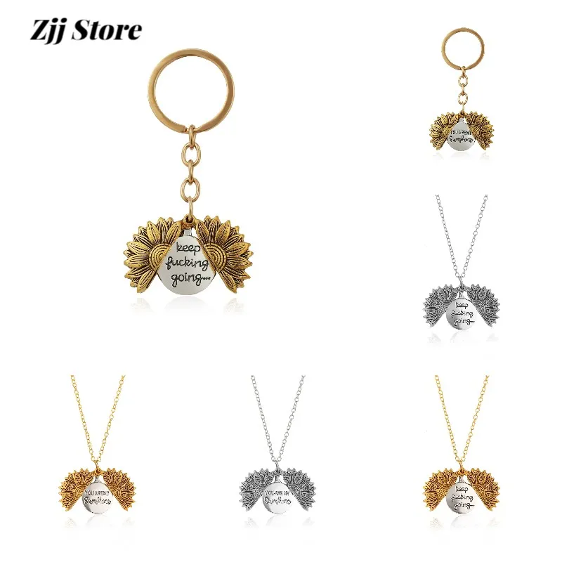 

2021Hot-Selling Fashion Alloy Sunflower Keychain Necklace Can Open Double-Sided Engraved Key Chain Pendant Holiday Gifts
