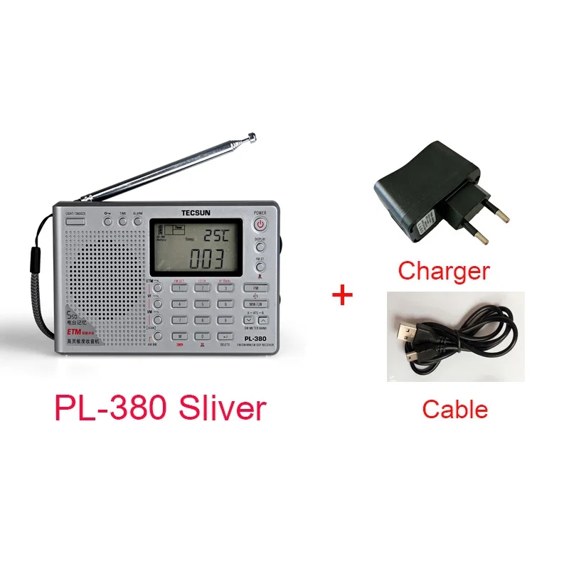 Tecsun PL-380 PL380 радио цифровой PLL портативный радио FM стерео/LW/SW/MW приемник DSP радио - Цвет: Sliver and charger