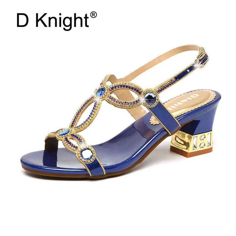 Богемные женские сандалии-гладиаторы со стразами на толстом каблуке Новинка 2020