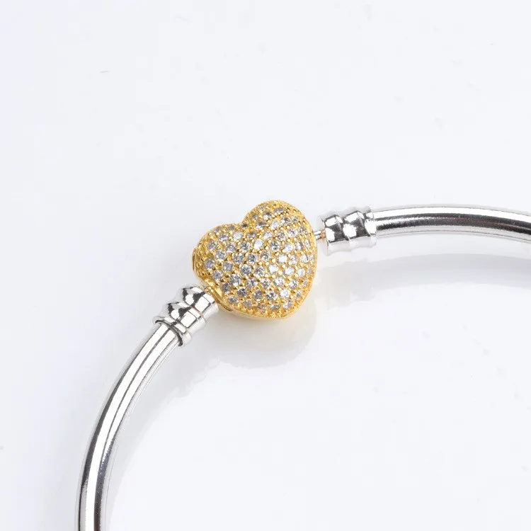

100% 925 Silver Pan Bracelet Golden Heart With Crystal Button Pan Bracelet Fit European Charm Bracelets Women Jewelry